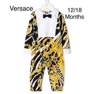 VERSACE BOYS BLACK & GOLD BAROQUE TUXEDO ROMPER